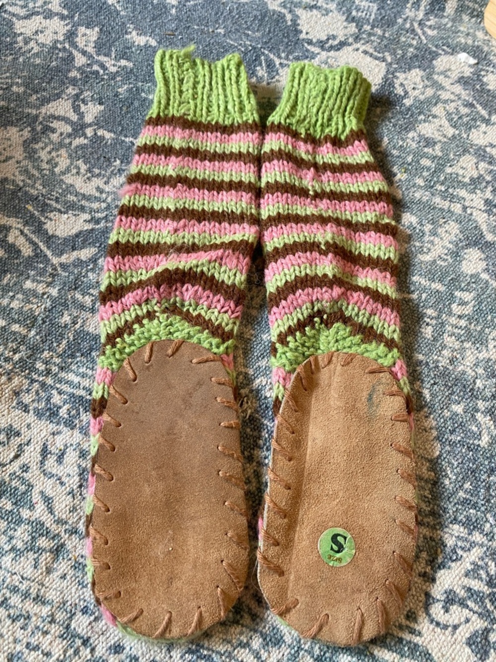 Footed Toddler Knit Striped Slipper Socks in Green, Pink & Brown